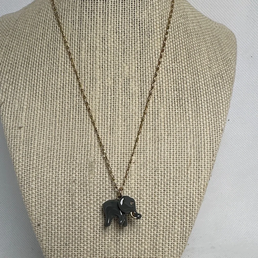 J. Crew Gold Tone Necklace with Green Faux Stone Elephant Charm – 25”